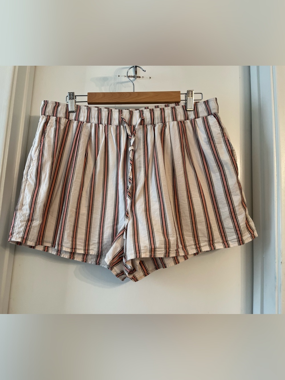 PAIGE Striped Drawstring Women’s Shorts - White with Pink & Black Stripes
